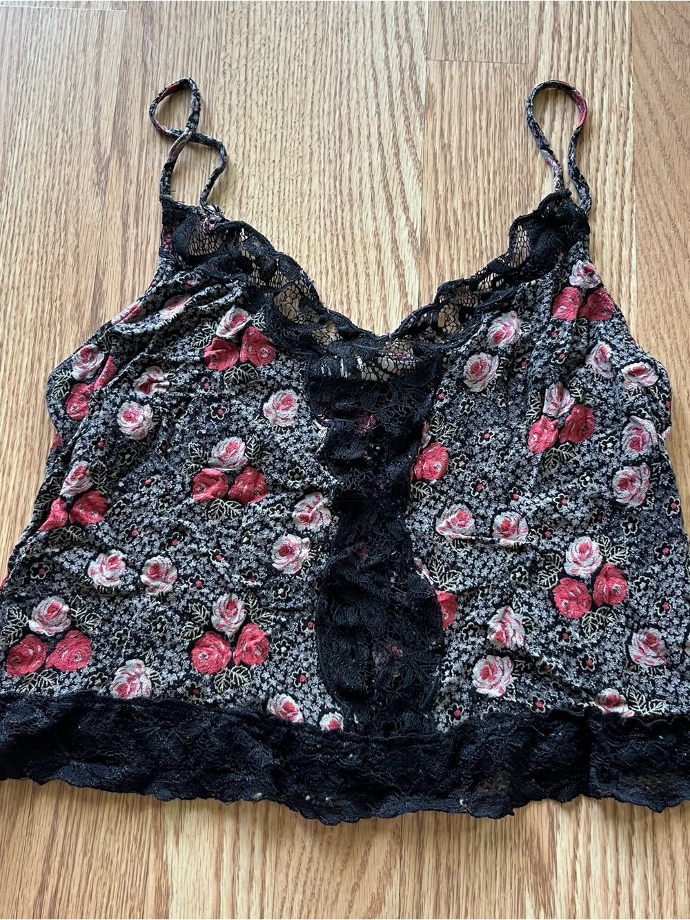Lush black + pink floral lacy camisole tank